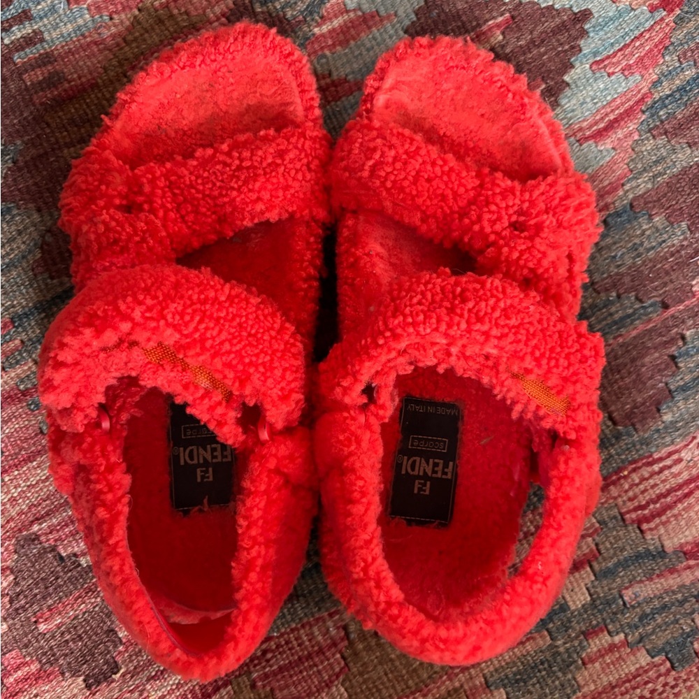 Fendi Red/Orange Shearling Sandals